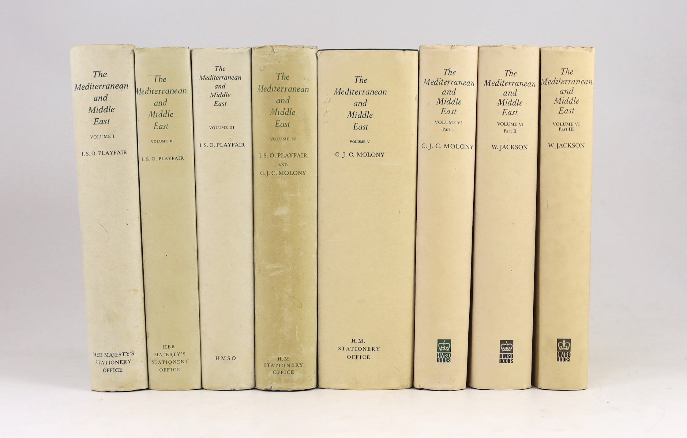 Playfair, S.O (Maj.-Gen) et al - History of the Second World War. The Mediterranean and the Middle East, 6 vols in 8, 8vo, cloth with d/j’s, 4 vols with library stickers to front fly leaves, HMSO, London, 1954-1988